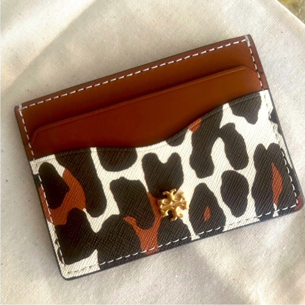 New Tory burch EMERSON PRINTED SLIM CARD CASE BEIGE REVA LEOPARD